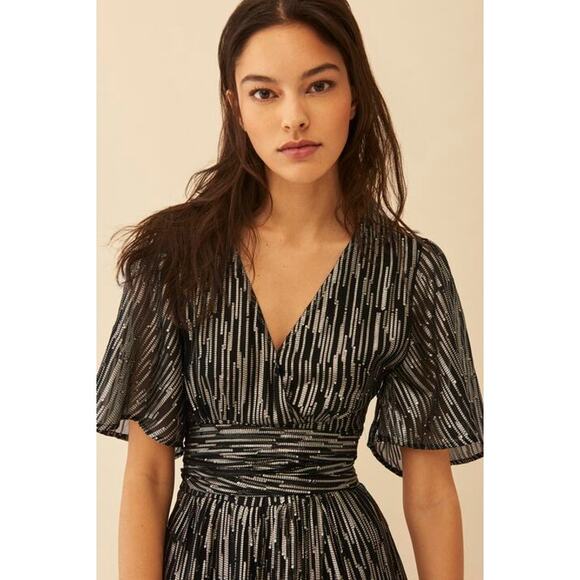 BA&SH Black Gold Metallic V-Neckline Nixon Short Sleeve Maxi Dress Size US 6 - Picture 2 of 16